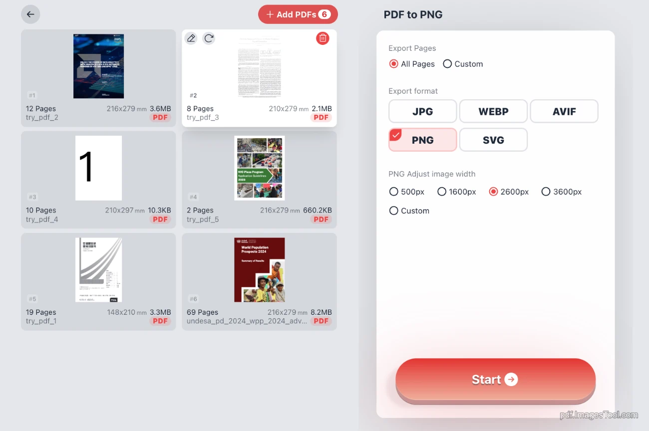 Tool Interface for Converting Multiple PDFs to JPG, WebP, PNG, SVG, and AVIF